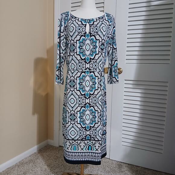 Liz Claiborne Large 5/8th-Sleeve Aqua/Black/White Geometric design Shift Dress - Picture 5 of 14